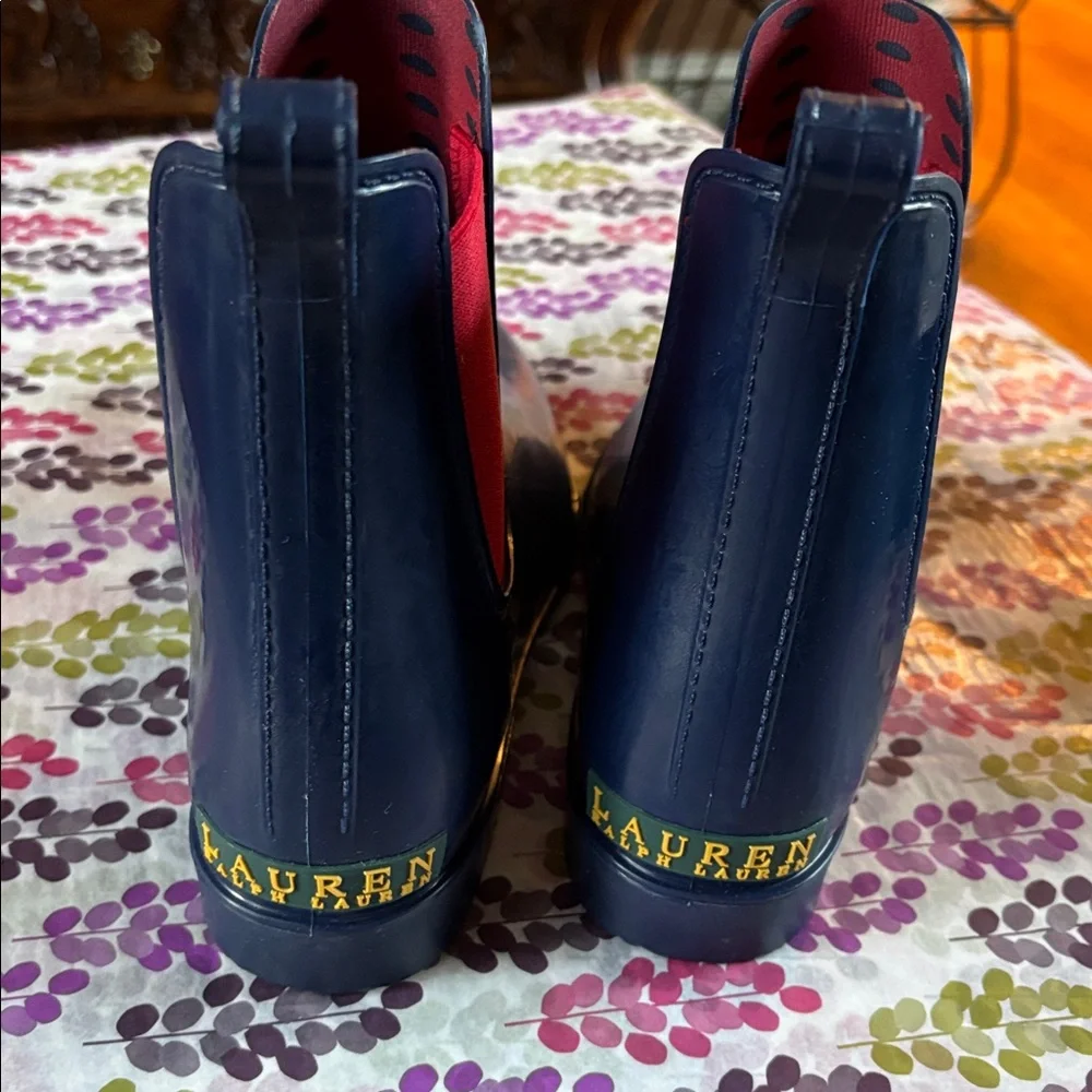 Ralph Lauren Navy Chelsea Rain Boots with Red Elastic - Picture 2 of 5